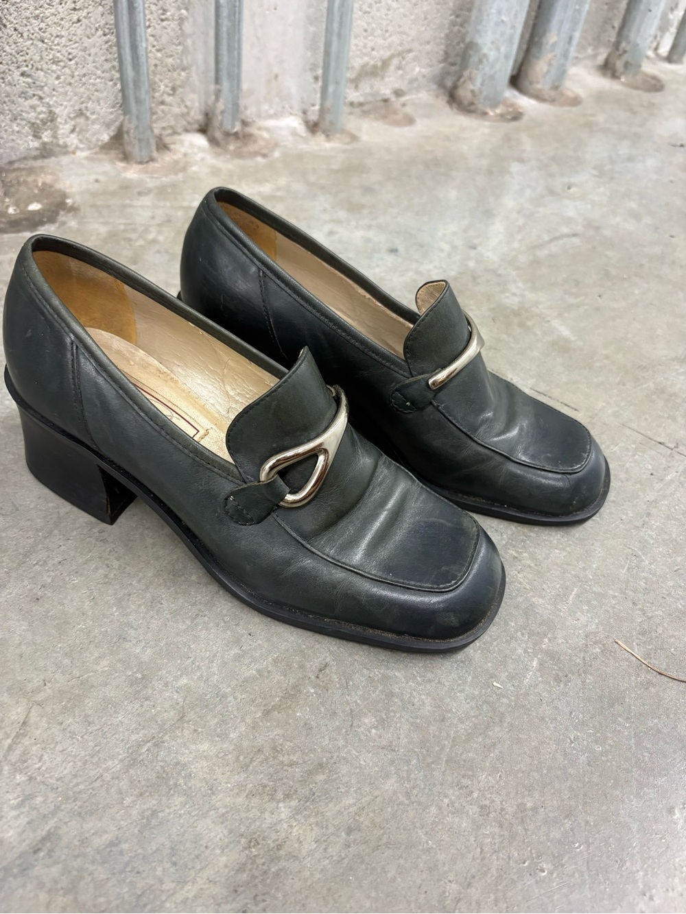 Rossetti Green Leather Square Toe Slip-On Loafers Buckle Accent Women 7.5
